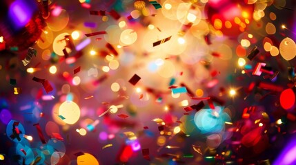 Wall Mural - A close-up image of colorful confetti falling gracefully against a blurred background of twinkling lights, creating a festive and celebratory atmosphere