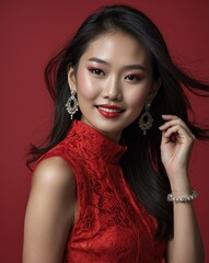 Wall Mural - red theme fashion asian pretty woman model influncer with clear smooth skin smiling on camera