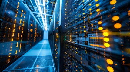 Poster - A high-angle shot of a modern data center with rows of servers neatly arranged and illuminated by soft overhead lights