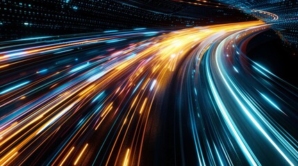 Fototapete - A high-angle photo of abstract light trails and digital data streams against a dark background, symbolizing the concept of QOp