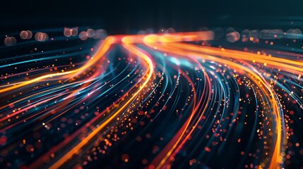 Fototapete - A high-angle shot capturing abstract light trails and digital data streams against a dark background, symbolizing the QOp concept