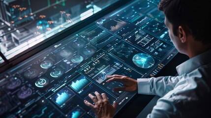 Poster - A technician works on a large digital display, surrounded by various edge computing devices in a modern and sleek futuristic office setting