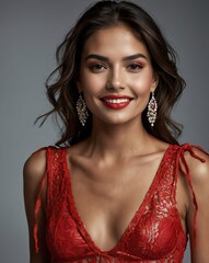 Sticker - red theme fashion hispanic pretty woman model influncer with clear smooth skin smiling on camera