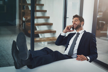 Poster - Phone call, relax and confident business man in office with productivity satisfaction, pride or chat. Smartphone, consulting and entrepreneur with b2b networking, communication or client feedback