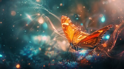 Wall Mural - Illuminating shinning glowing beautiful butterfly over dark background.