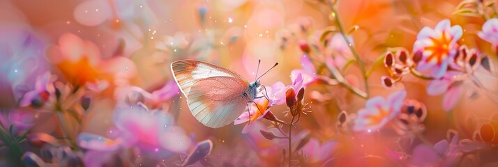 Wall Mural - Beautiful butterfly fly rest over flowers outdoors