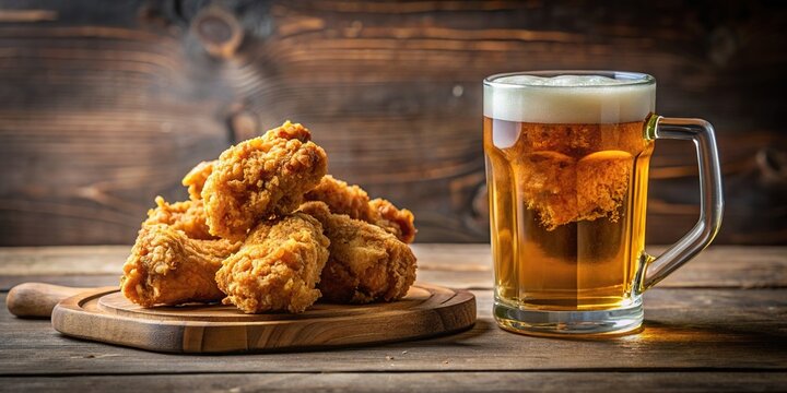 Close-up of crispy fried chicken paired with a cold mug of beer , food, appetizer, snack, pub, restaurant, bar, delicious