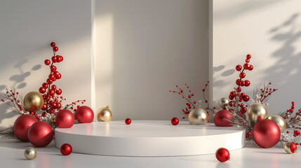 a Christmas podium background with a white circular platform, red and gold decorative balls, and mistletoe branches on an isolated background. New Year scene mockup