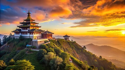 Wall Mural - Buddhist temple perched on hill during picturesque sunset, Buddhism, temple, hilltop, sunset, religious, architecture