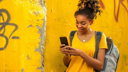 A young woman in casual attire smiles as she uses her smartphone while standing in front of a bright yellow wall
