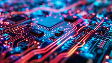 Poster - Close-up of a circuit board with glowing red and blue pathways, highlighting the intricate complexity of networking infrastructure