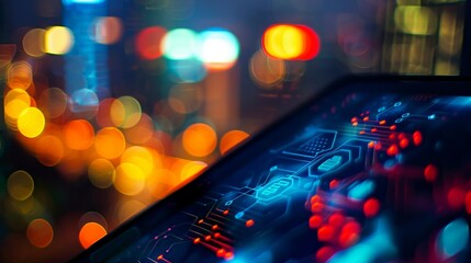 Wall Mural - A closeup of a digital tablet displaying a network diagram. The background is a blurred cityscape with warm, glowing lights