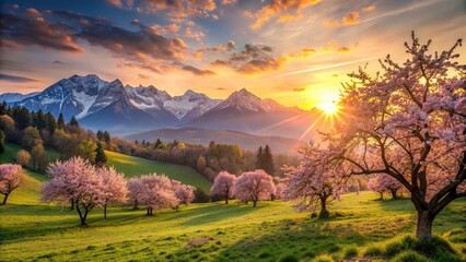 Wall Mural - Wallpaper featuring a springtime sunset over majestic mountains and blossoming trees, spring, sunset, mountains, trees