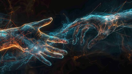 Poster - A commercial photograph of two digital hands reaching out towards each other in a virtual space, forming a network of connections