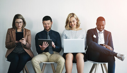 Poster - Row, recruitment and businesspeople with technology, interview and meeting for business proposal. Laptop, social media and online for internet connection, networking and diversity in workplace