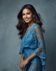 Wall Mural - blue theme fashion hispanic pretty woman model influncer with clear smooth skin smiling on camera