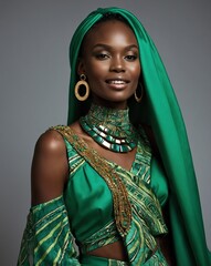 Wall Mural - green theme fashion african pretty woman model influncer with clear smooth skin smiling on camera