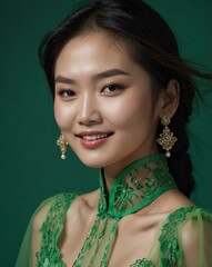 Wall Mural - greentheme fashion asian pretty woman model influncer with clear smooth skin smiling on camera