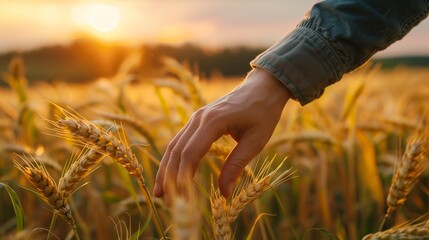 Closeup view of hand touching wheat ear in field.