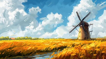 Wall Mural - Artistic painting of rural countryside scene with traditional windmill and golden wheat field
