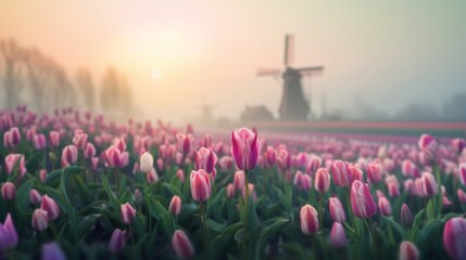 Wall Mural - Beautiful colorful tulip field and traditional windmill in countryside.