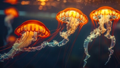 Jellyfish is swimming in the water with blue background. Colorful jellyfish are moving under the sea