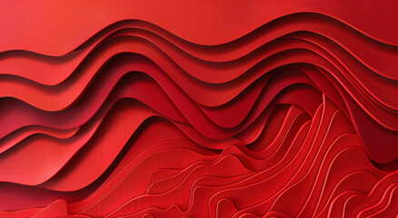 Poster - Red background, curved lines, abstract style, red color scheme, simple and elegant background design with soft lighting. The texture of the paper is visible through a macro lens