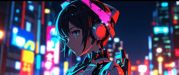 Poster - colorful android humanoid robot neon light theme abstract background with copy space for banner