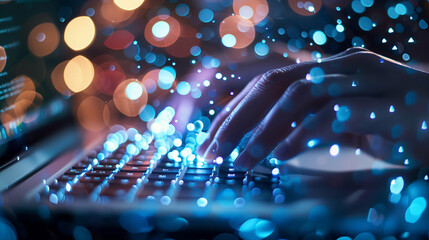 Wall Mural - Hands typing on a laptop keyboard with digital bokeh overlay