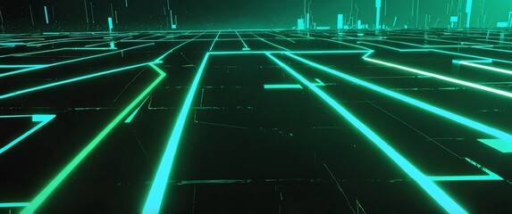 Wall Mural - green tech neon light path theme abstract background with copy space for banner