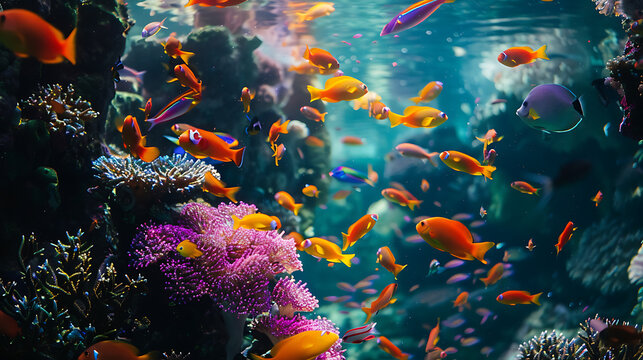 A colorful school of fish swimming in a tank