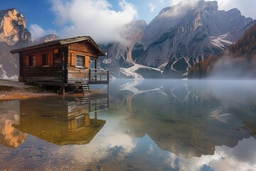 Wall Mural - rustic wooden cabin perched on the shore of serene alpine lake majestic dolomite mountains reflected in crystalclear water early morning mist creating ethereal atmosphere