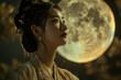 © Alexandra - Beautiful chinese woman in traditional clothing is posing under a full moon during mid-autumn festival
