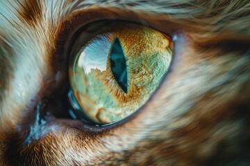 Sticker - cat's eye macro close-up, portrait of a brown fur cat, space in the eyes of a cat. focus on beautiful colorful eyes of pet