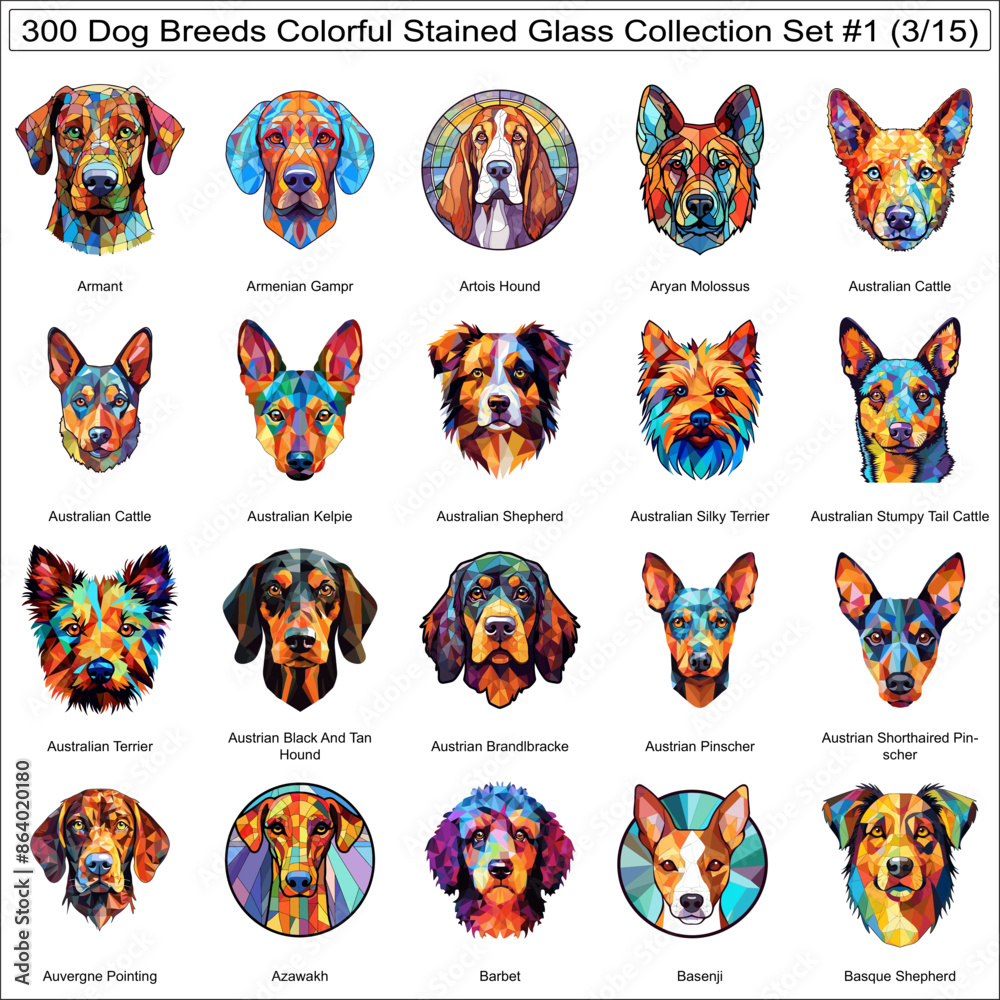 Colorful Dog Breeds Stained Glass Cute Dogs Bundle Collection Set #1 of ...