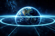 © Alex Vog - Abstract futuristic neon Earth planet of communication technology, poster for internet business. Global world network and telecommunication on earth, blockchain. Copy ad text space. Ai illustration