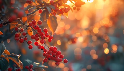 Red berries of viburnum on a branch in the rays of the setting sun