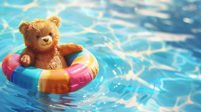 A cute teddy bear sitting on a colorful swimming ring, floating on the water of a swimming pool.