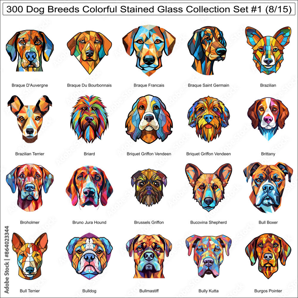 Colorful Dog Breeds Stained Glass Cute Dogs Bundle Collection Set #1 of ...