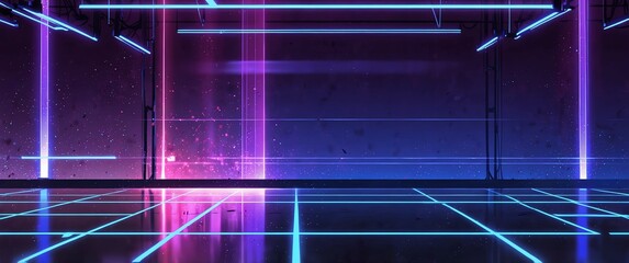 Wall Mural - purple tech neon light path theme abstract background with copy space for banner