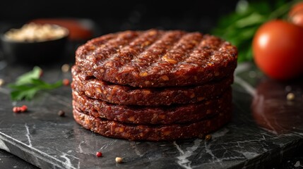 Wall Mural - Stack of Plant-Based Burgers on Marble Surface - Concept Plant-Based Food