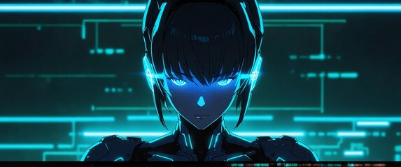 Poster - teal android humanoid robot neon light theme abstract background with copy space for banner
