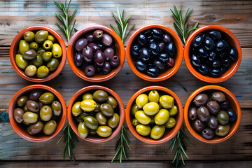 Wall Mural - Assortment of fresh olives with different colors in bowls with rosemary branches on wooden background. Top view.