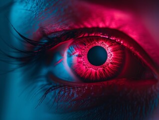 close-up macro photography of a human eye with vivid red and blue lighting.