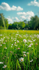 Sticker - Serene Meadow with Lush Green Grass and Wildflowers  