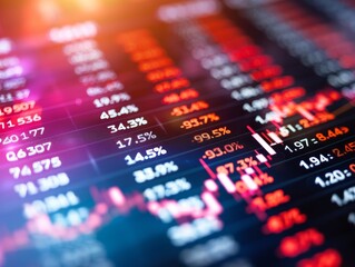 stock market data display with red and white numbers and charts close up.