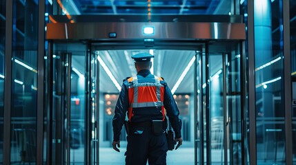 A security guard supervising the entry of a secure area, ensuring only authorized personnel gain access and maintaining strict adherence to security protocols.