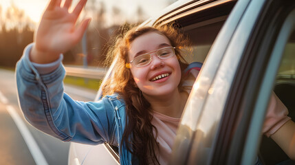 Wall Mural - Girl waving out of car window