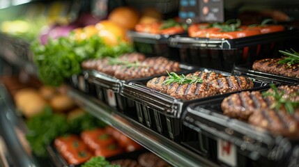 Wall Mural - Grilled Plant-Based Patties on Display - Concept Plant-Based Food