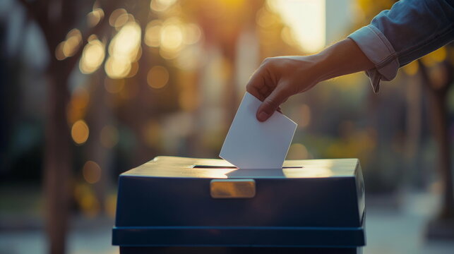 Hand placing voting ballot in ballot box on blurred polling place, concept of a person voting during elections
